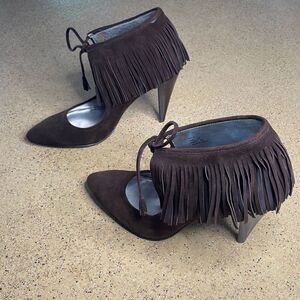 Calvin Klein Pixy Suede Fringe Cuffed Heels 8 Brown